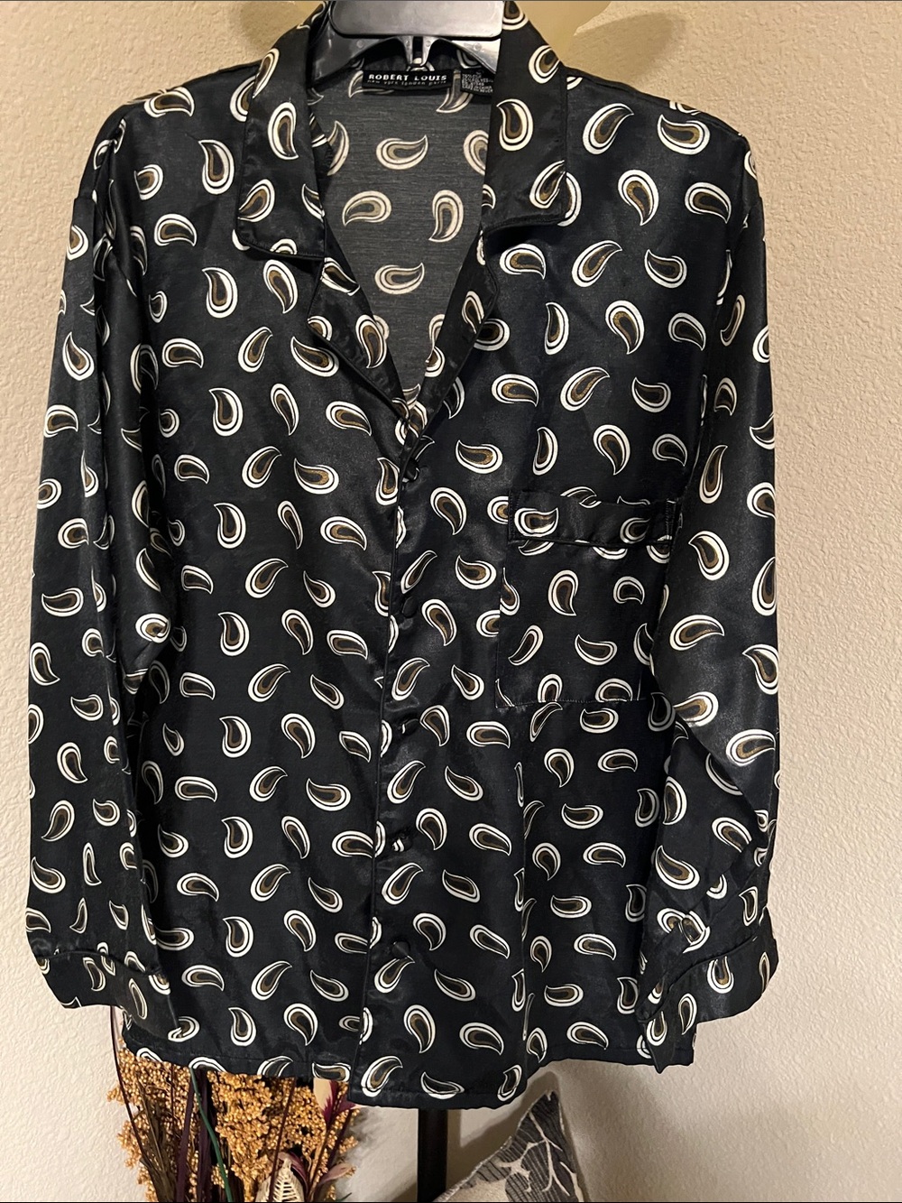 Robert Louis Black Silk Blend Button-Down Pajama Top with Cream Paisley